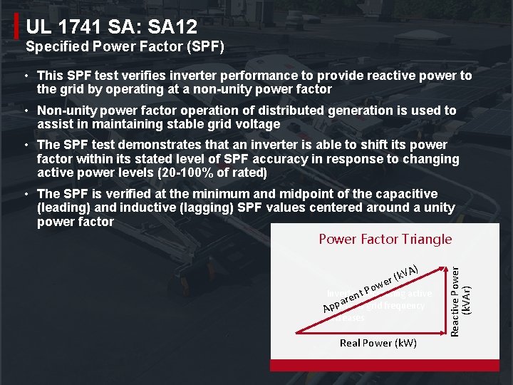 UL 1741 SA: SA 12 Specified Power Factor (SPF) • This SPF test verifies