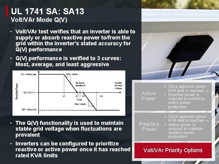 UL 1741 SA: SA 13 Volt/VAr Mode Q(V) • Volt/VAr test verifies that an