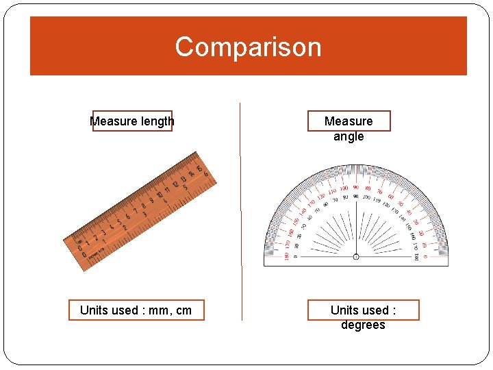 Comparison Measure length Ruler Units used : mm, cm Measure angle Protactor Units used