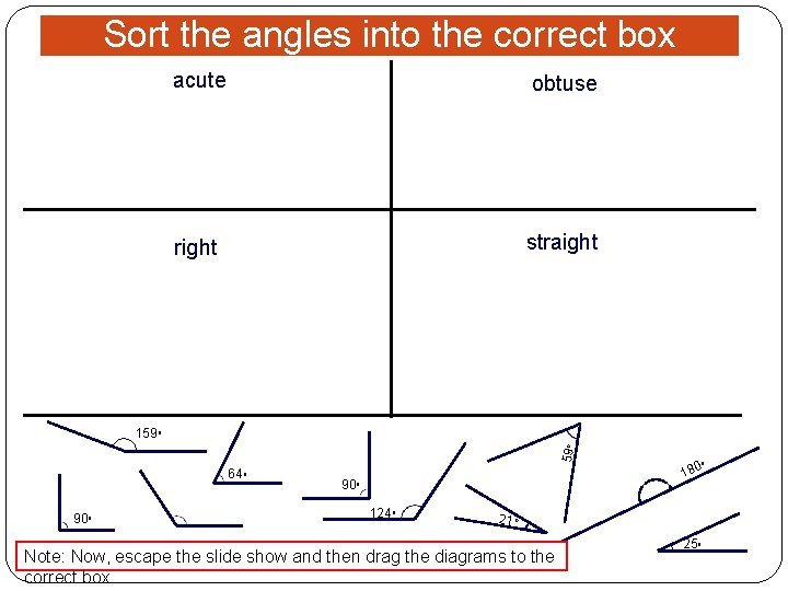 Sort the angles into the correct box acute obtuse right straight 59 o 159