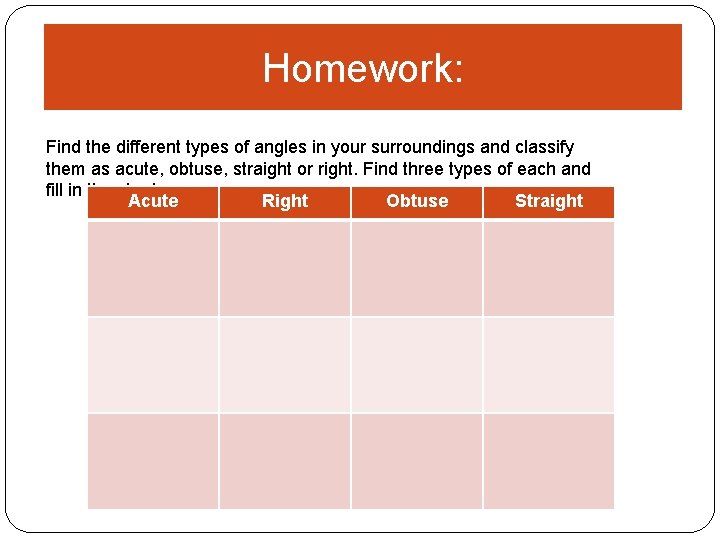 Homework: Find the different types of angles in your surroundings and classify them as