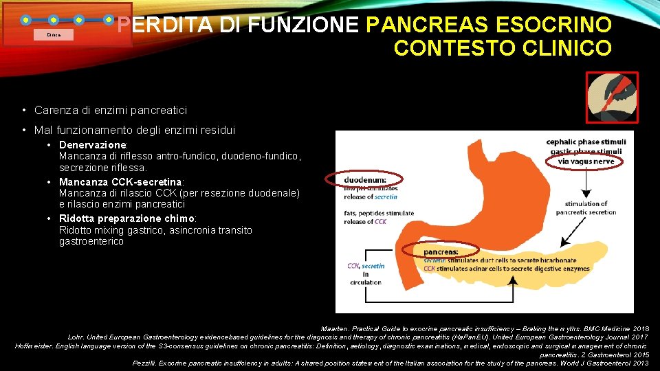 Clnica PERDITA DI FUNZIONE PANCREAS ESOCRINO CONTESTO CLINICO • Carenza di enzimi pancreatici •