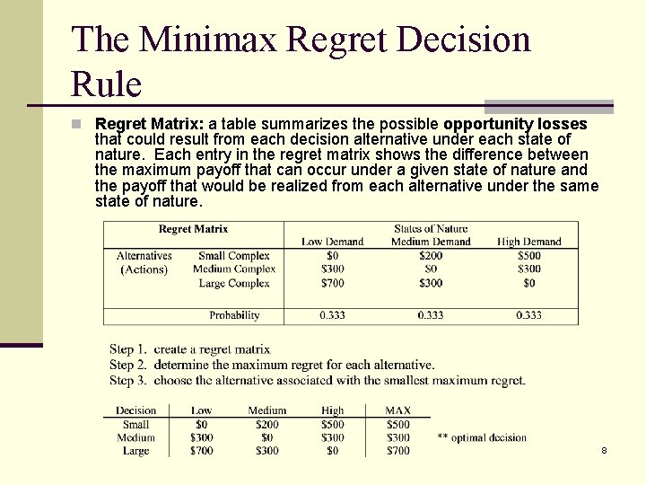 The Minimax Regret Decision Rule n Regret Matrix: a table summarizes the possible opportunity