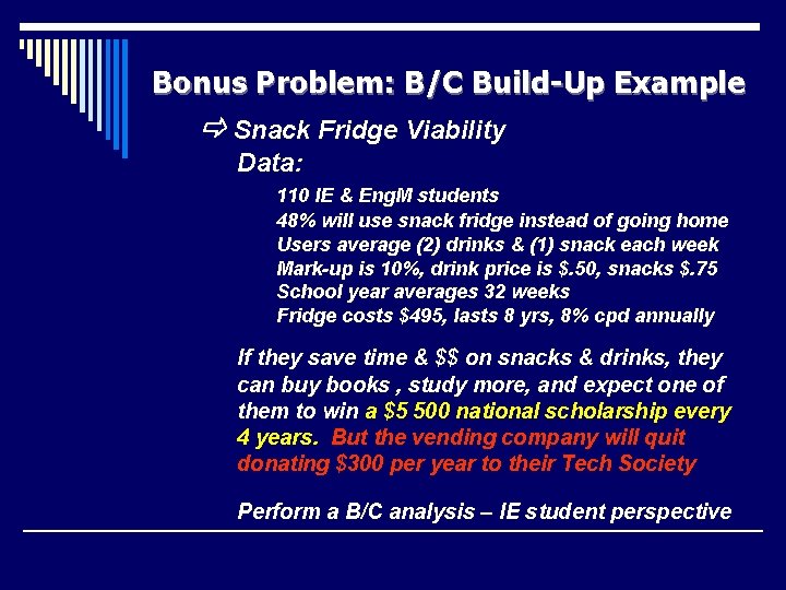 Bonus Problem: B/C Build-Up Example Snack Fridge Viability Data: 110 IE & Eng. M