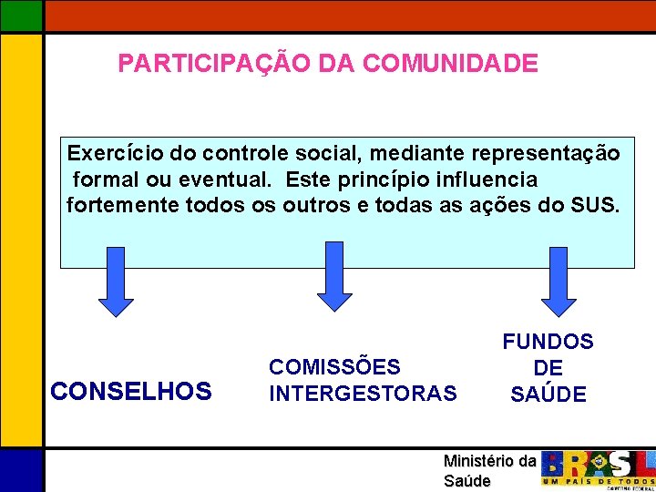 PARTICIPAÇÃO DA COMUNIDADE Exercício do controle social, mediante representação formal ou eventual. Este princípio