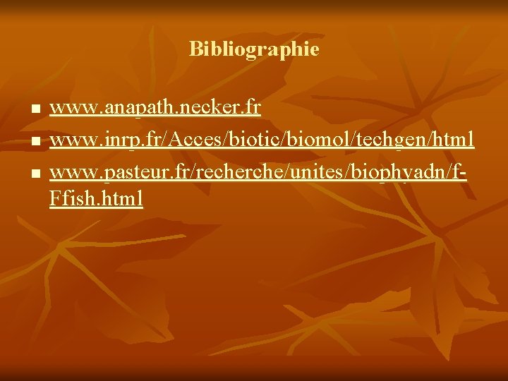 Bibliographie n n n www. anapath. necker. fr www. inrp. fr/Acces/biotic/biomol/techgen/html www. pasteur. fr/recherche/unites/biophyadn/f.