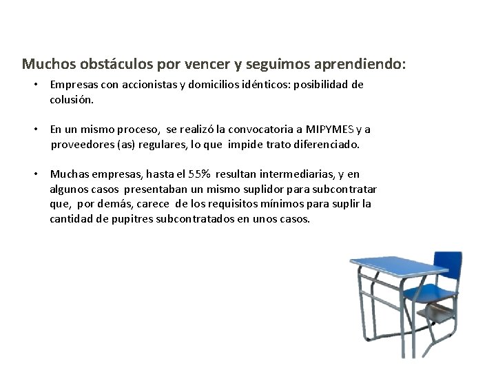 Muchos obstáculos por vencer y seguimos aprendiendo: • Empresas con accionistas y domicilios idénticos: