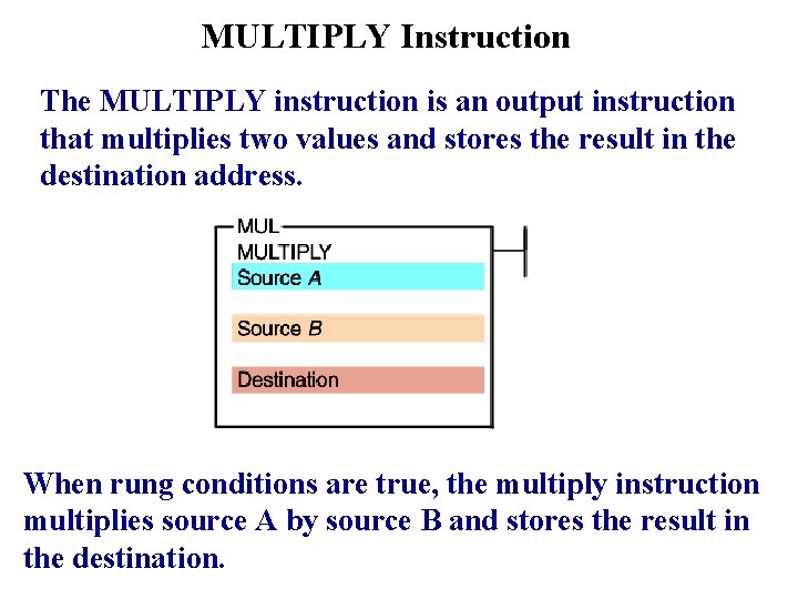 MULTIPLY Instruction The MULTIPLY instruction is an output instruction that multiplies two values and