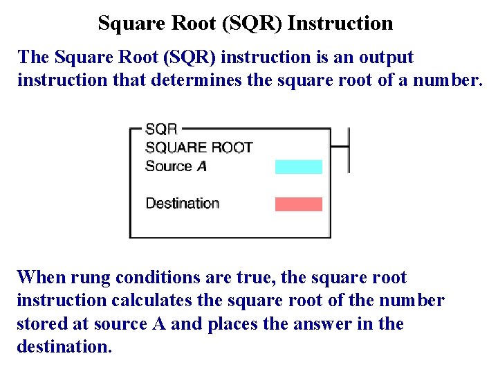 Square Root (SQR) Instruction The Square Root (SQR) instruction is an output instruction that