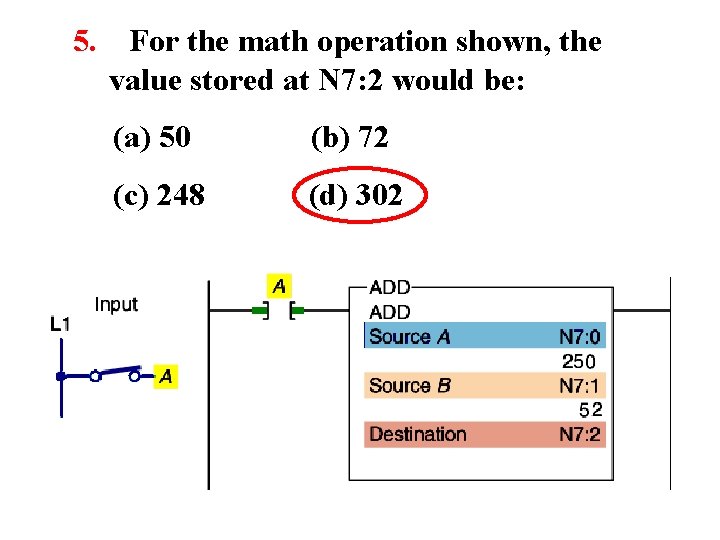 5. For the math operation shown, the value stored at N 7: 2 would