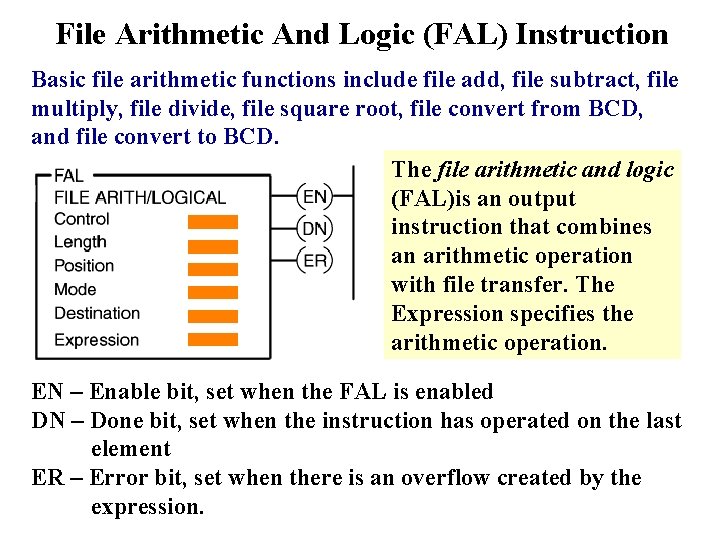 File Arithmetic And Logic (FAL) Instruction Basic file arithmetic functions include file add, file