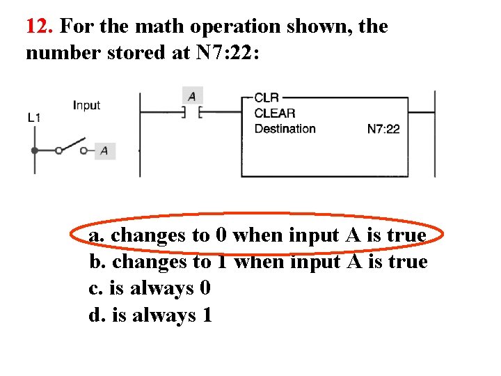 12. For the math operation shown, the number stored at N 7: 22: a.