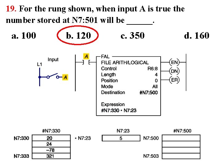19. For the rung shown, when input A is true the number stored at