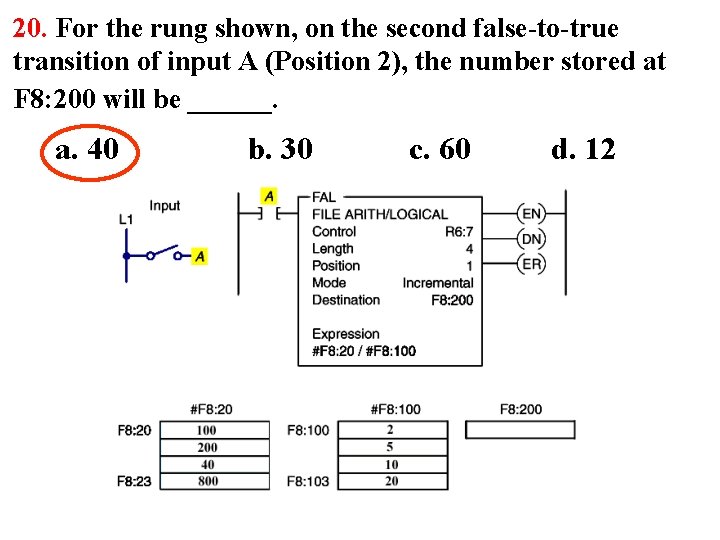 20. For the rung shown, on the second false-to-true transition of input A (Position