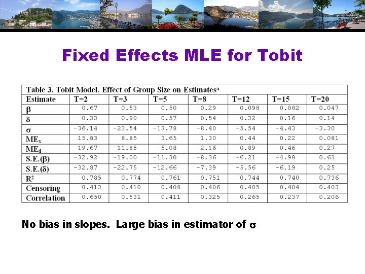 Fixed Effects MLE for Tobit No bias in slopes. Large bias in estimator of Fixed Effects MLE for Tobit No bias in slopes. Large bias in estimator of