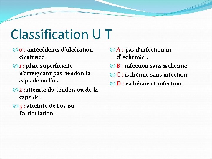 Classification U T 0 : antécédents d’ulcération cicatrisée. 1 : plaie superficielle n’atteignant pas