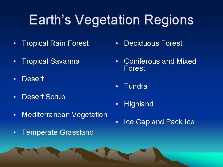 Earth’s Vegetation Regions • Tropical Rain Forest • Deciduous Forest • Tropical Savanna •