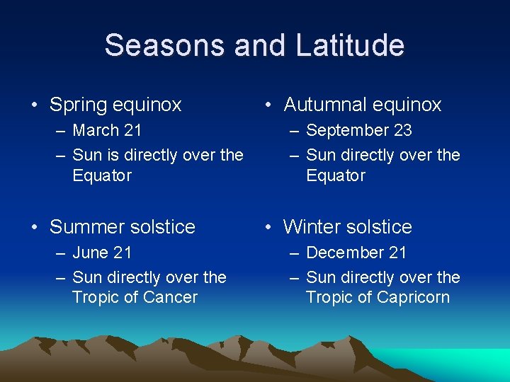 Seasons and Latitude • Spring equinox – March 21 – Sun is directly over