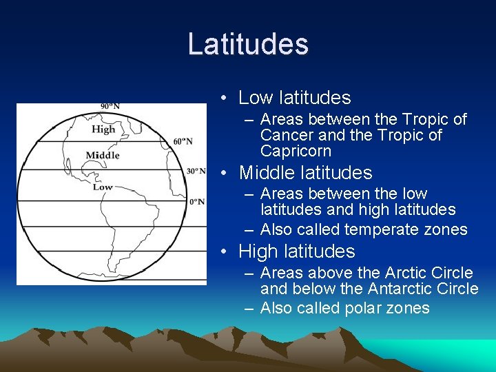 Latitudes • Low latitudes – Areas between the Tropic of Cancer and the Tropic