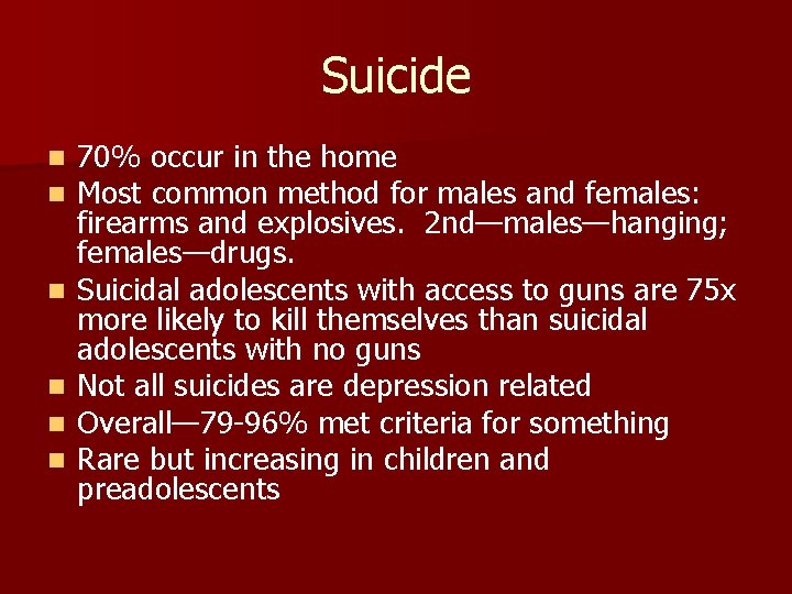 Suicide n n n 70% occur in the home Most common method for males