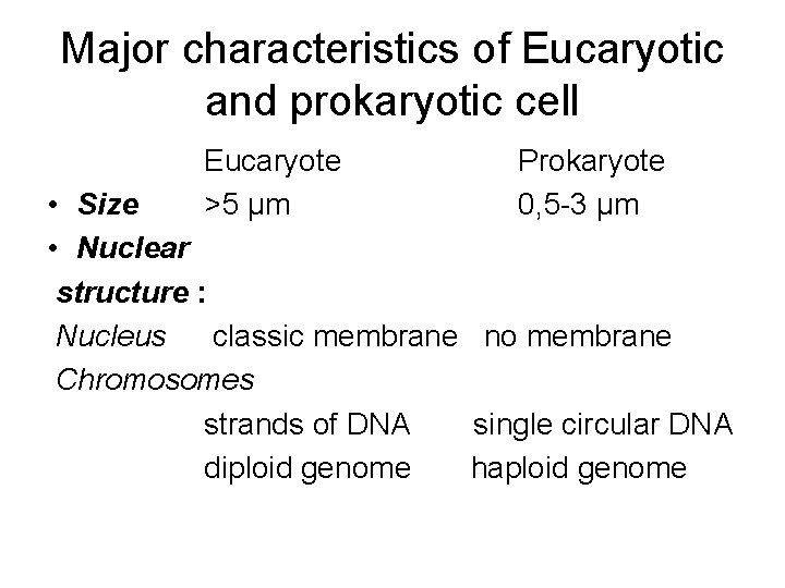 Major characteristics of Eucaryotic and prokaryotic cell Eucaryote >5 μm Prokaryote 0, 5 -3