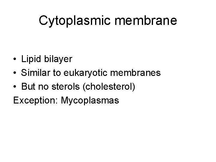Cytoplasmic membrane • Lipid bilayer • Similar to eukaryotic membranes • But no sterols