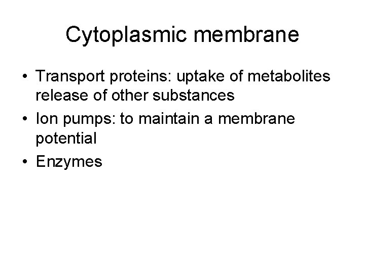 Cytoplasmic membrane • Transport proteins: uptake of metabolites release of other substances • Ion