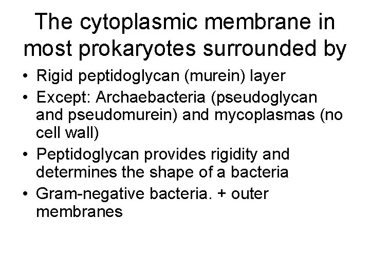 The cytoplasmic membrane in most prokaryotes surrounded by • Rigid peptidoglycan (murein) layer •