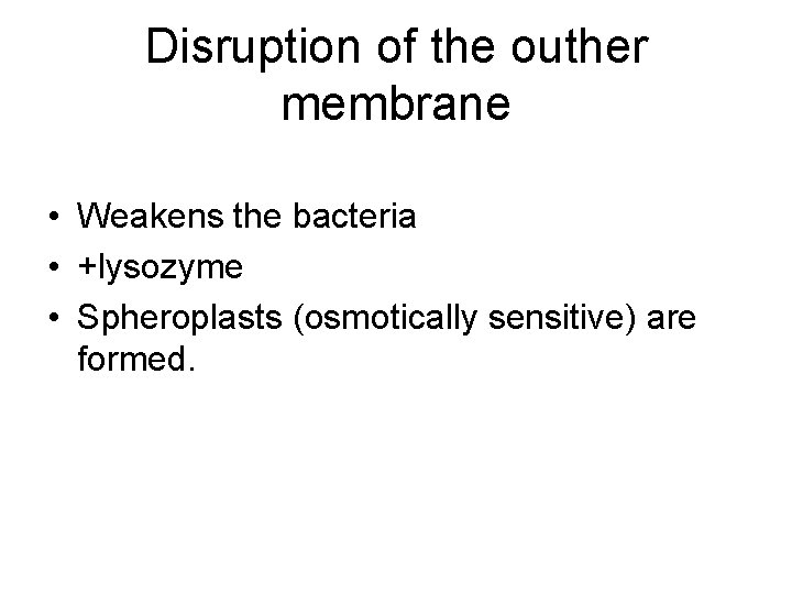 Disruption of the outher membrane • Weakens the bacteria • +lysozyme • Spheroplasts (osmotically