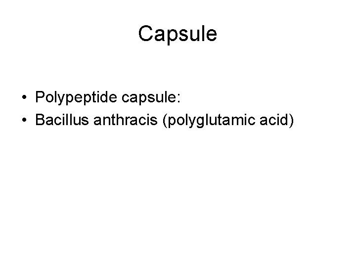 Capsule • Polypeptide capsule: • Bacillus anthracis (polyglutamic acid) 
