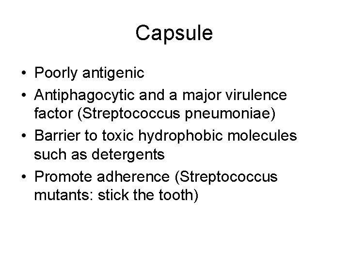Capsule • Poorly antigenic • Antiphagocytic and a major virulence factor (Streptococcus pneumoniae) •
