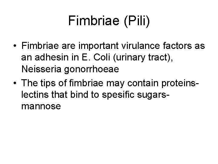 Fimbriae (Pili) • Fimbriae are important virulance factors as an adhesin in E. Coli