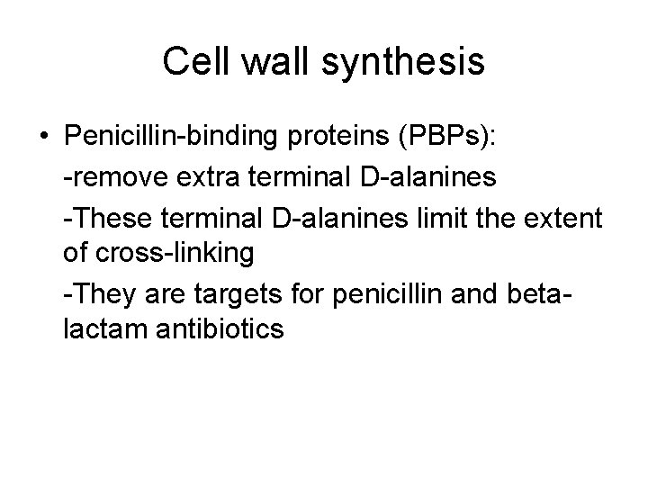 Cell wall synthesis • Penicillin-binding proteins (PBPs): -remove extra terminal D-alanines -These terminal D-alanines
