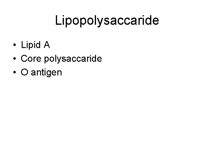 Lipopolysaccaride • Lipid A • Core polysaccaride • O antigen 