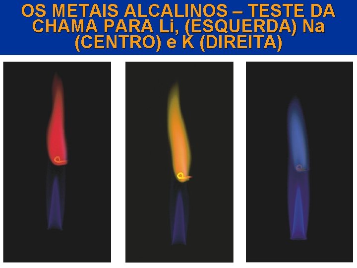OS METAIS ALCALINOS – TESTE DA CHAMA PARA Li, (ESQUERDA) Na (CENTRO) e K