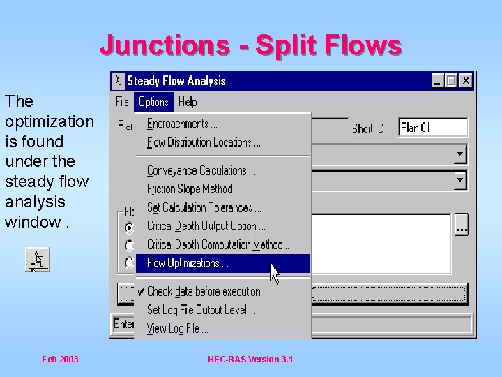 Junctions - Split Flows The optimization is found under the steady flow analysis window.