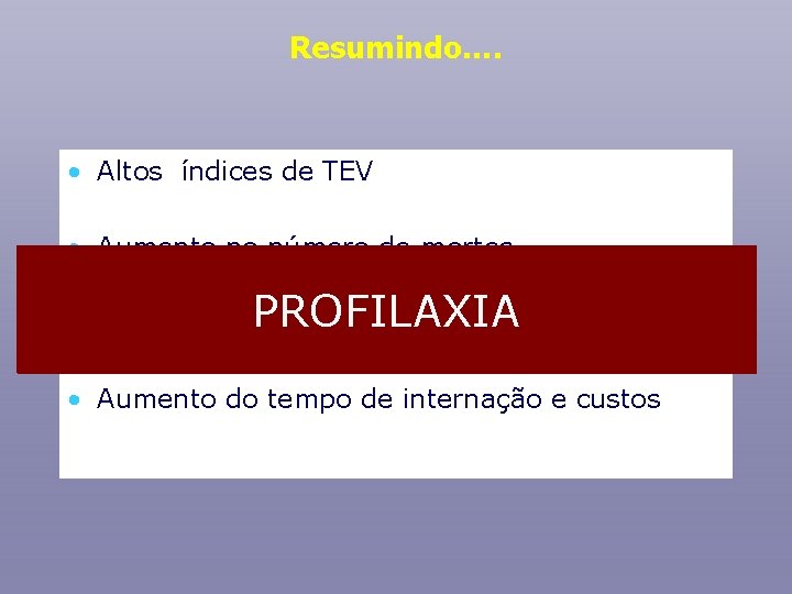 Resumindo…. • Altos índices de TEV • Aumento no número de mortes PROFILAXIA •