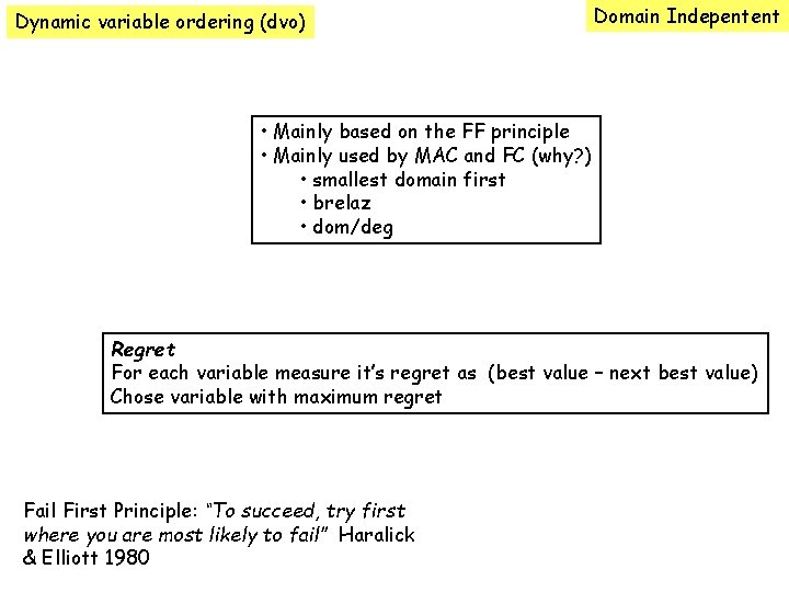 Dynamic variable ordering (dvo) Domain Indepentent • Mainly based on the FF principle •
