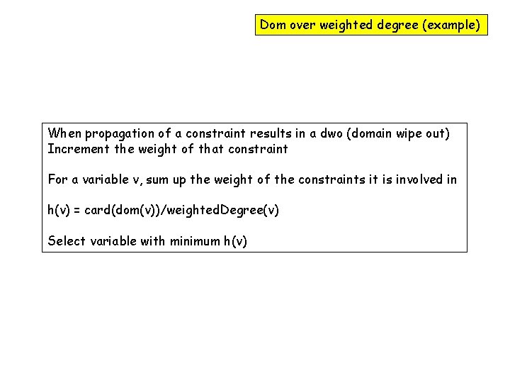 Dom over weighted degree (example) When propagation of a constraint results in a dwo