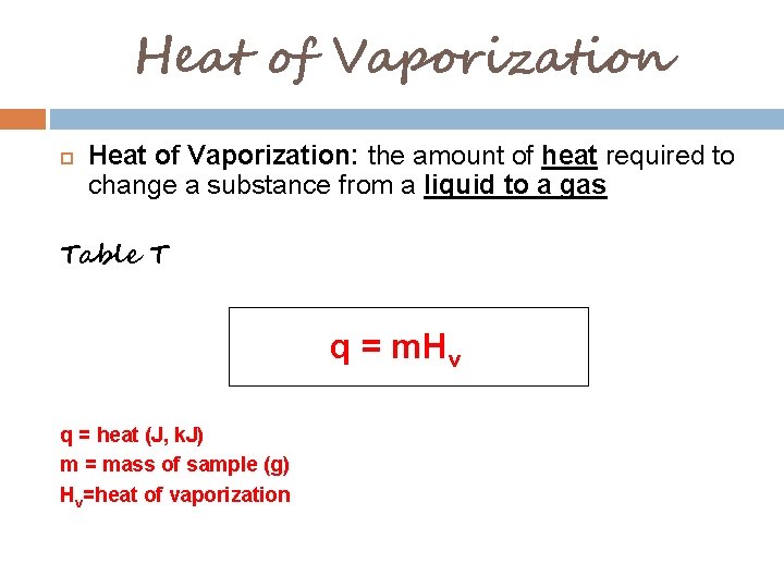 Heat of Vaporization Heat of Vaporization: the amount of heat required to change a