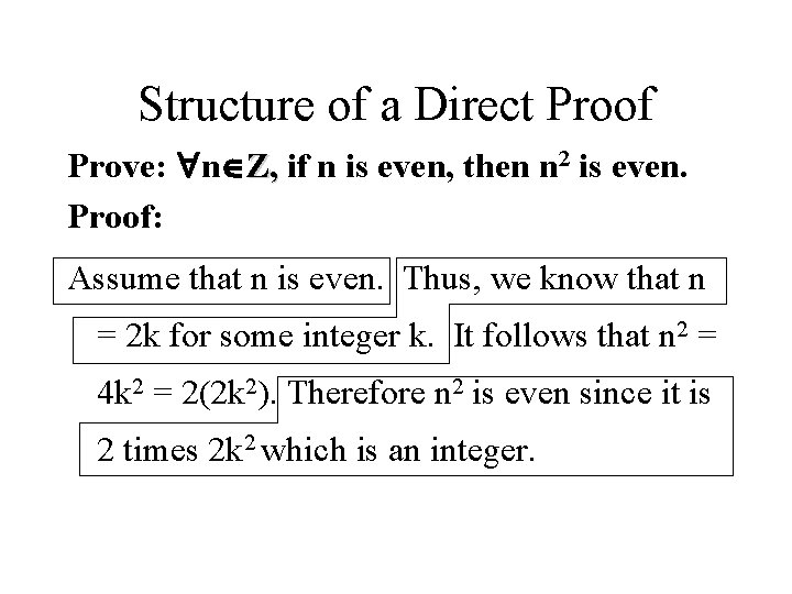 Structure of a Direct Proof Prove: n Z, if n is even, then n