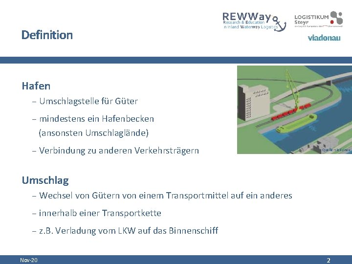 Definition Hafen - Umschlagstelle für Güter - mindestens ein Hafenbecken (ansonsten Umschlaglände) - Verbindung