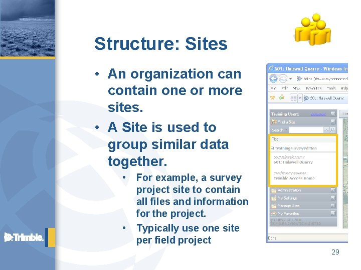 Structure: Sites • An organization can contain one or more sites. • A Site