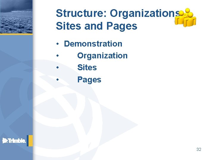 Structure: Organizations, Sites and Pages • Demonstration • Organization • Sites • Pages 32