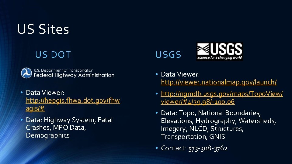 US Sites US DOT USGS • Data Viewer: http: //viewer. nationalmap. gov/launch/ • Data