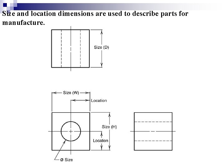 Size and location dimensions are used to describe parts for manufacture.  Size and location dimensions are used to describe parts for manufacture.