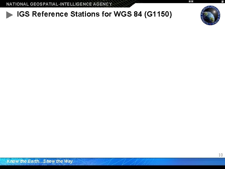 NATIONAL GEOSPATIAL-INTELLIGENCE AGENCY IGS Reference Stations for WGS 84 (G 1150) 10 Know the