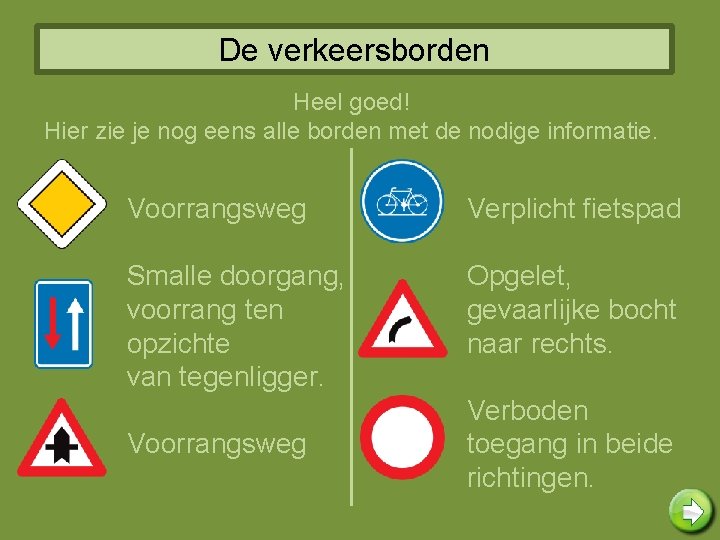 De verkeersborden Heel goed! Hier zie je nog eens alle borden met de nodige