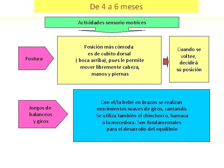 De 4 a 6 meses Actividades sensorio motrices Postura Juegos de balanceos y giros