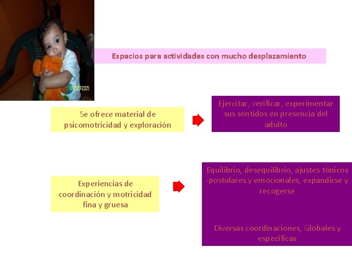 Espacios para actividades con mucho desplazamiento Se ofrece material de psicomotricidad y exploración Experiencias